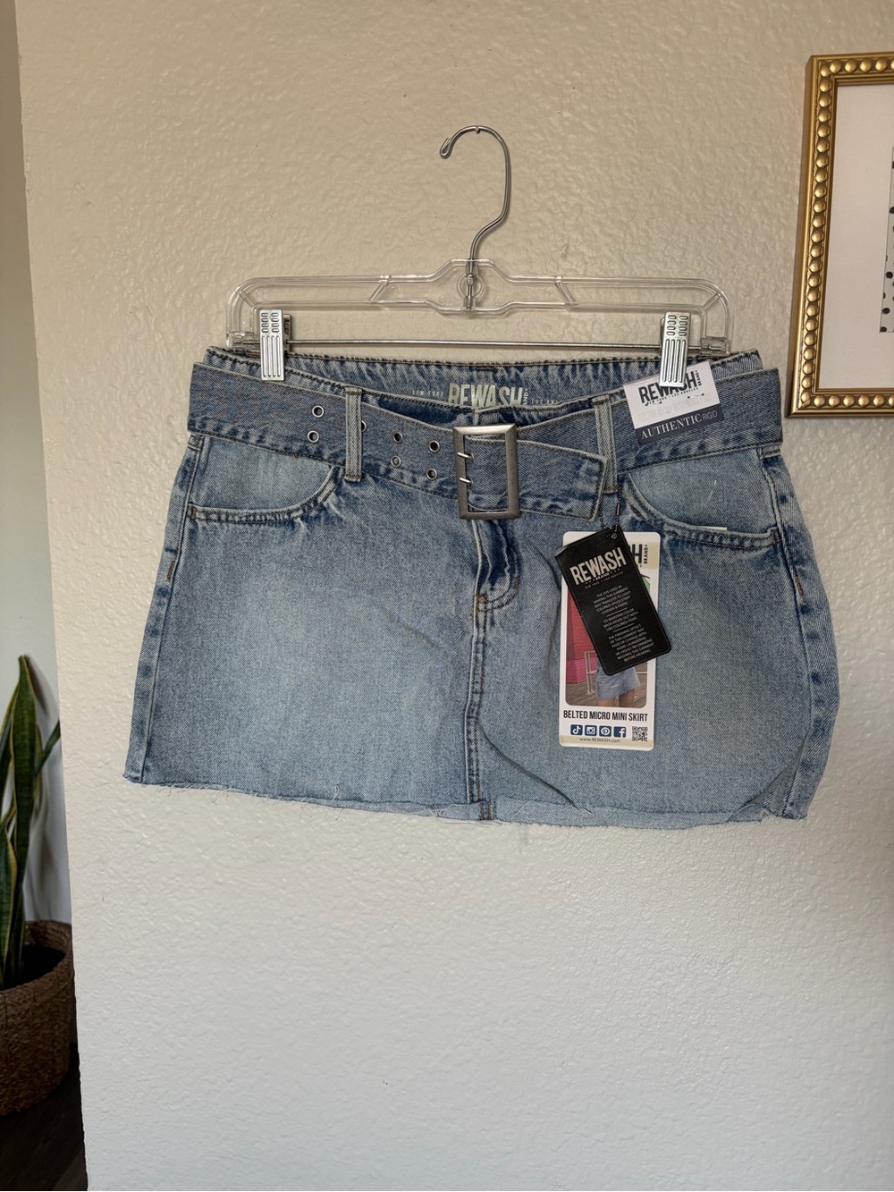Rewash Faded Blue Denim Mini Skirt with Buckle Belt